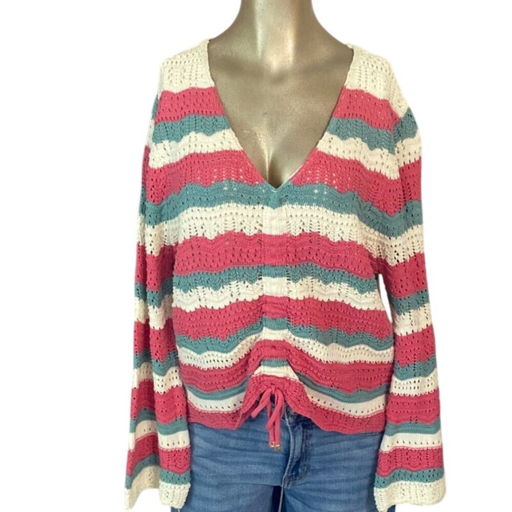 Marc New York Andrew Marc Crochet Knit Striped Sweater Large Boho Festival